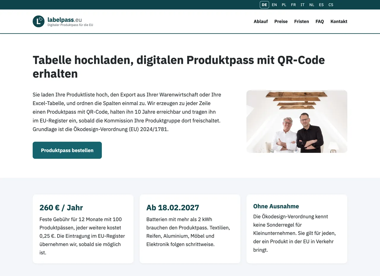Startseite von labelpass.eu